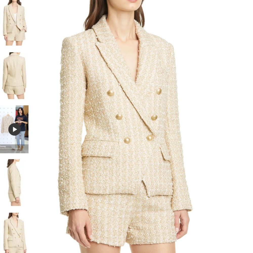 L'AGENCE Cream Tweed Double-Breasted Blazer with Gold Buttons - Picture 3 of 6